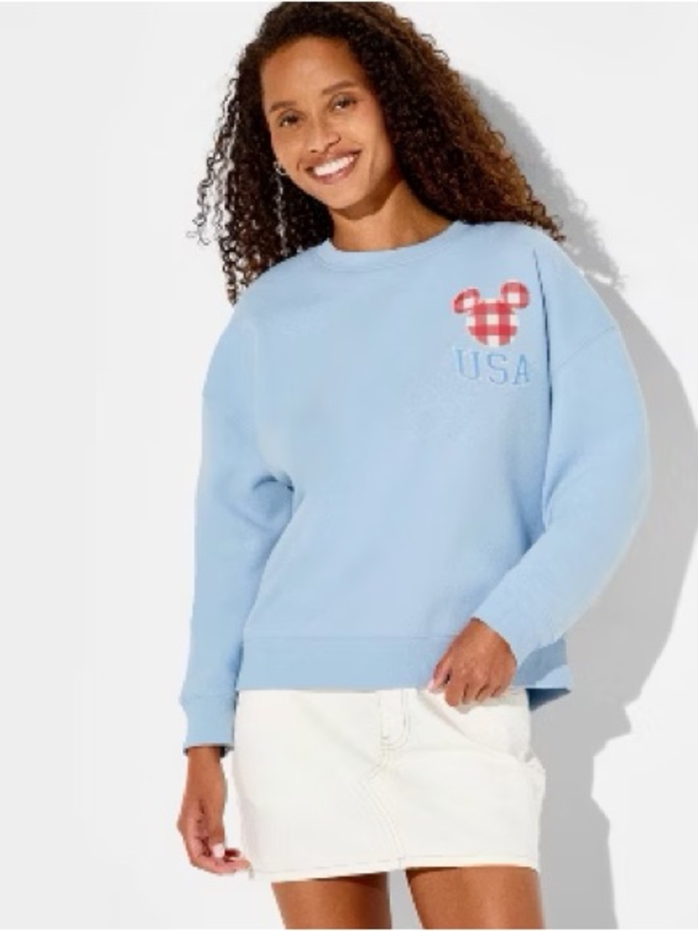 Disney Light Blue Crewneck Sweatshirt with Red Gingham Mickey USA